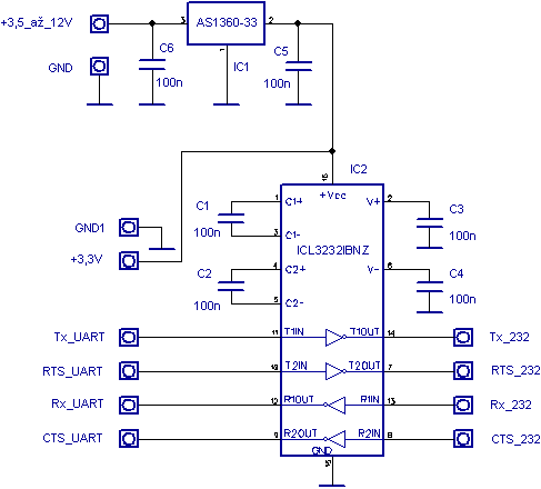 Schéma zapojení převodníku 3,3V UART/RS232