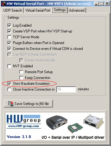HW VSP3 - Virtual Serial Port, záložka Settings