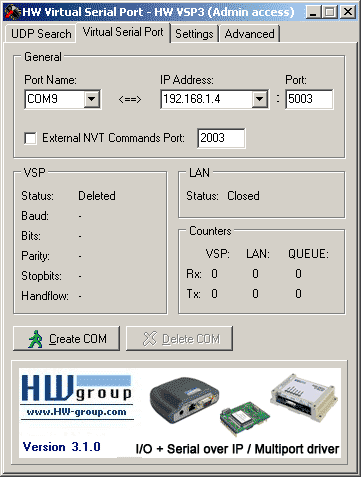 HW VSP3 - Virtual Serial Port, záložka Virtual Serial Port